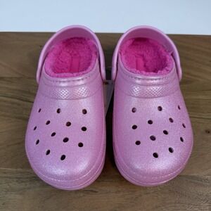 New Big Kids Crocs Tweed Classic Lined Pink Glitter Clogs Shoes Sandals Size 3 Y